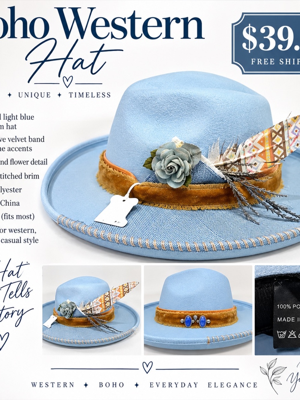 Boho Western Light Blue Women's Felt Hat with Velvet Band